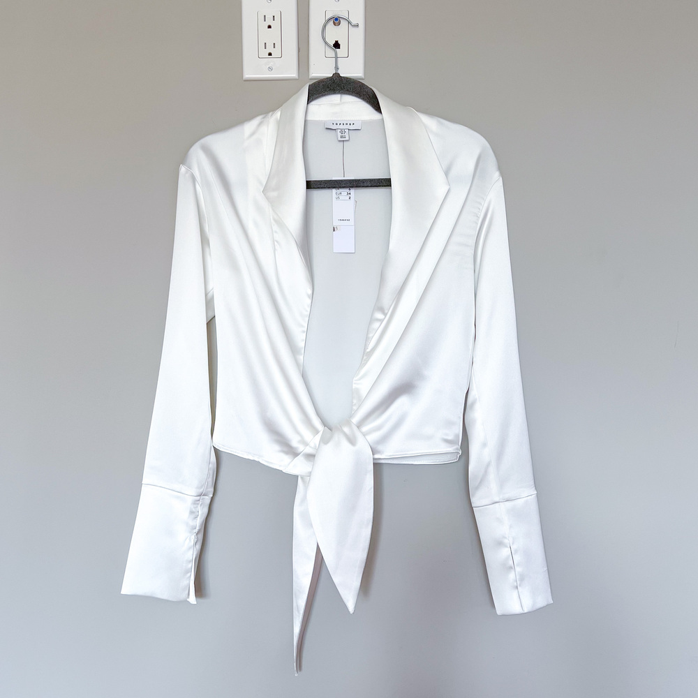 NEW Topshop White Satin Tie Front Crop Blouse Long Sleeve US 2